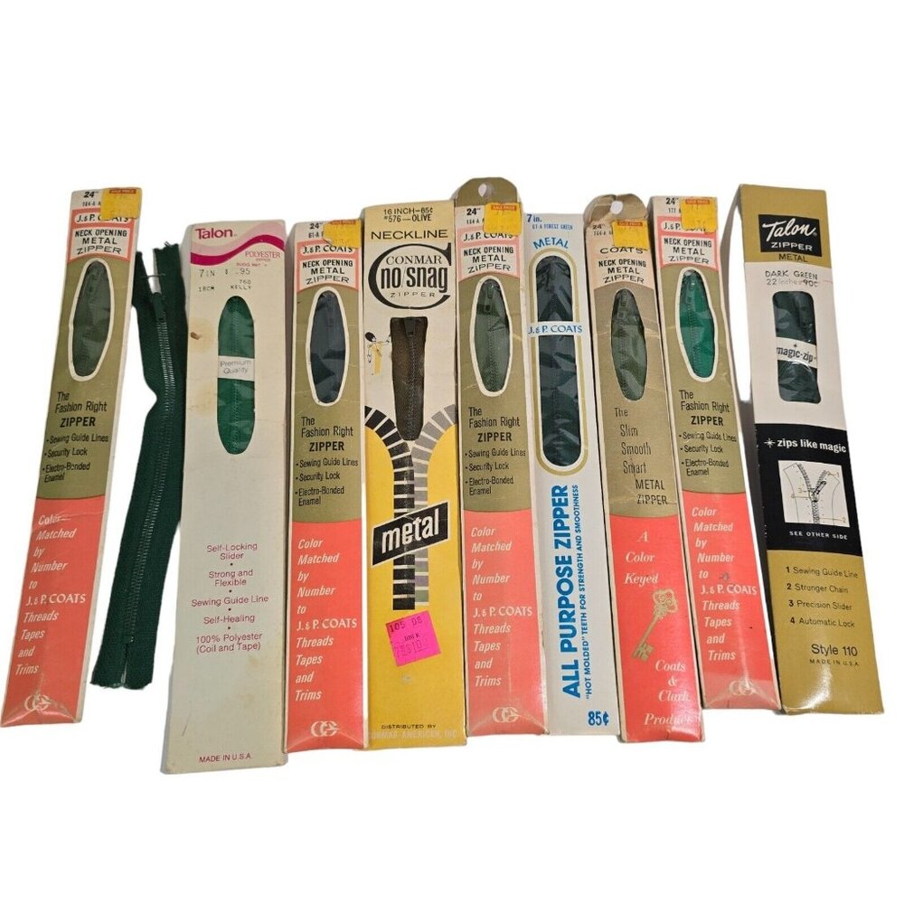 Vintage Zipper Lot GREEN Talon Magic Zip Coats Conmar Metal Sewing Kelly Forest